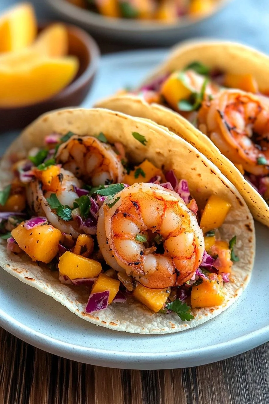 Shrimp Tacos with Cilantro Lime Slaw and Peach Salsa
