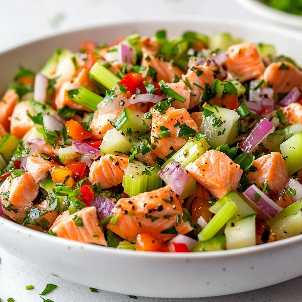 Paleo Salmon Salad with fresh vegetables and vinaigrette dressing