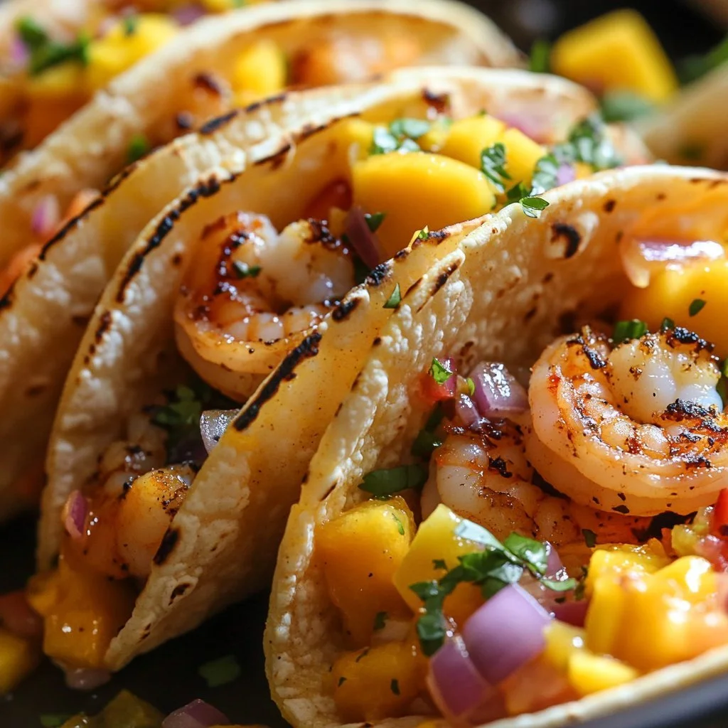 Pan fried shrimp tacos topped with vibrant mango salsa served on a plate