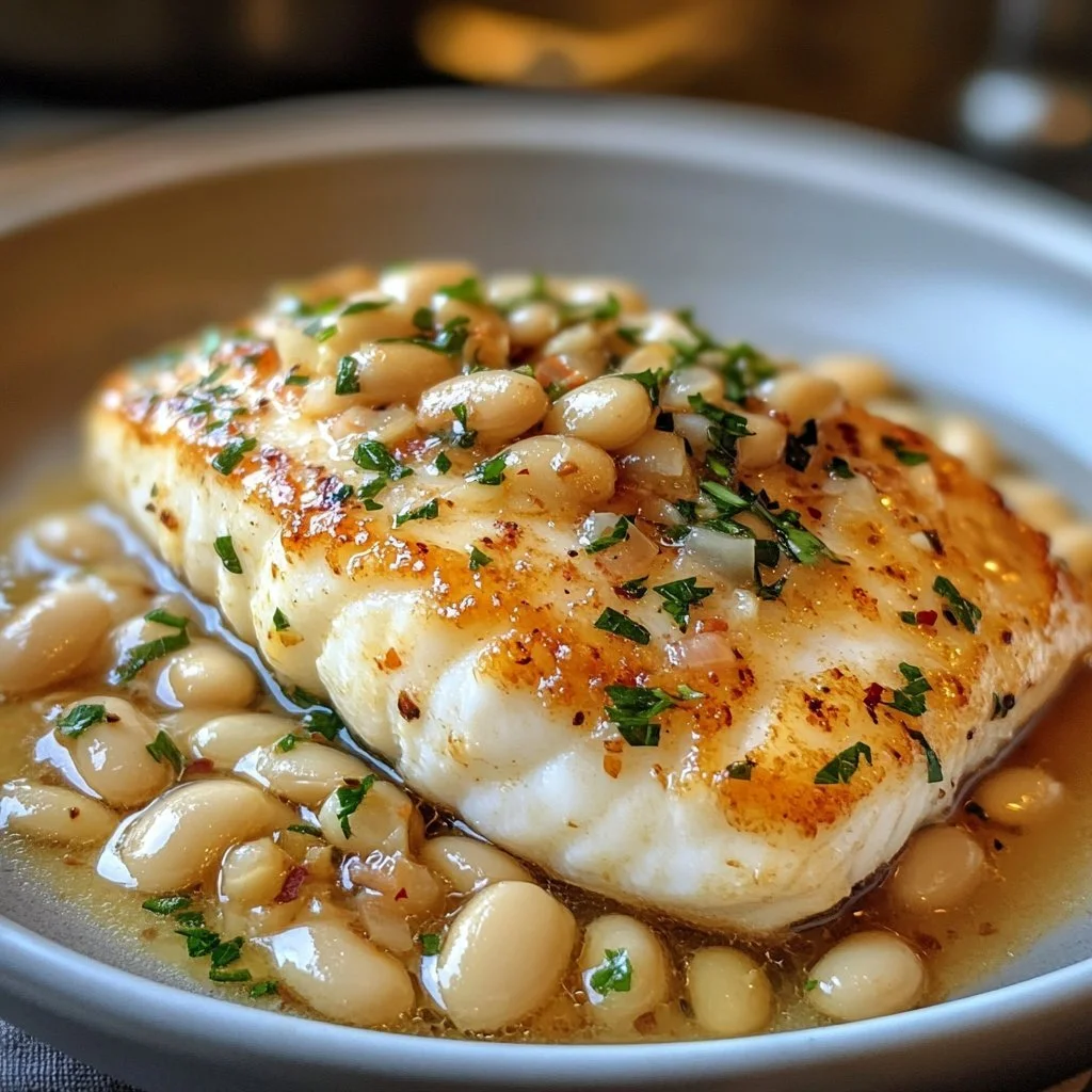Pan-seared halibut served with white beans and fresh herbs