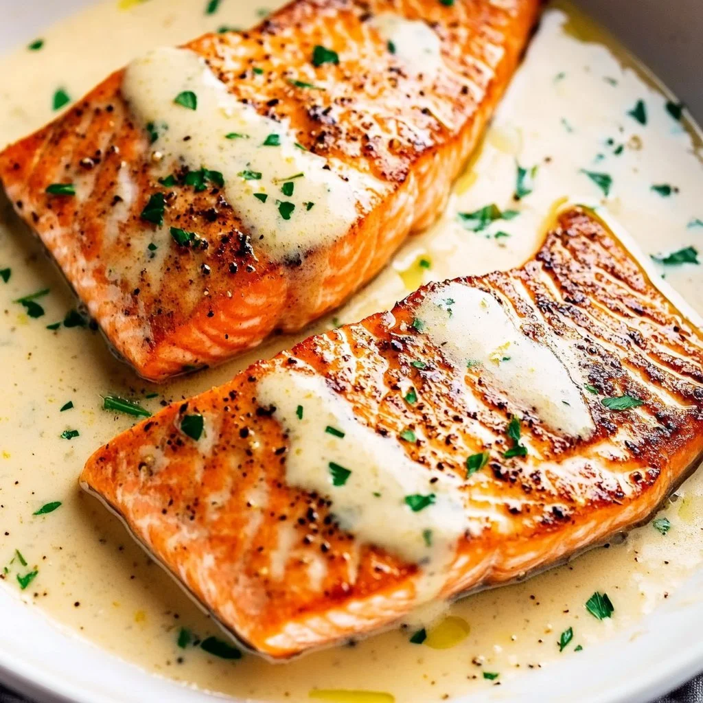 Pan seared salmon fillet topped with lemon garlic cream sauce on a plate