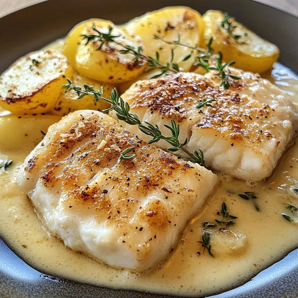 Pan-seared white fish served with creamy potatoes on a plate