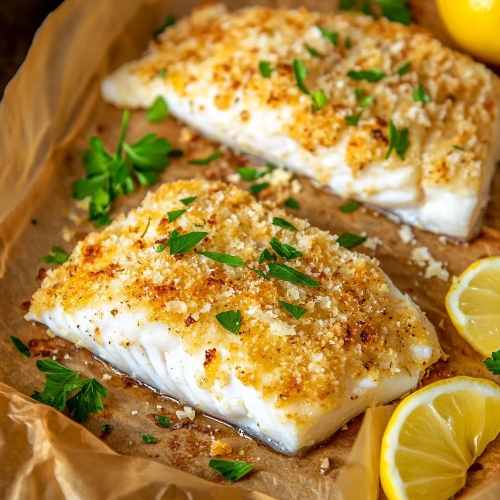 Parmesan crusted baked walleye fillet on a plate garnished with herbs