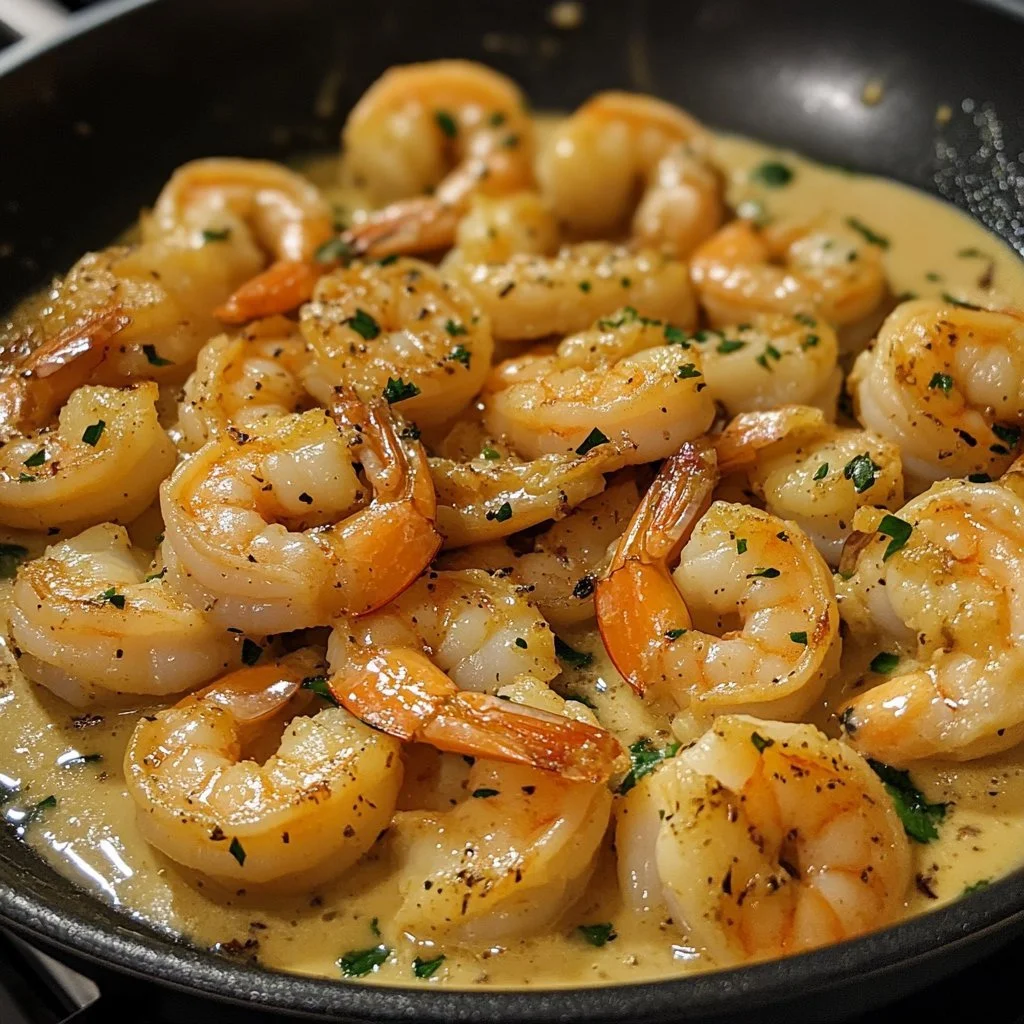 Delicious creamy garlic shrimp served with pasta on a plate