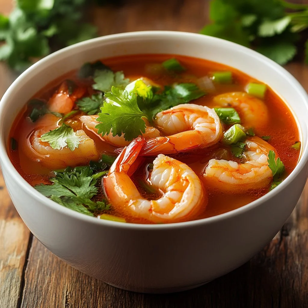A bowl of quick and spicy shrimp soup garnished with herbs