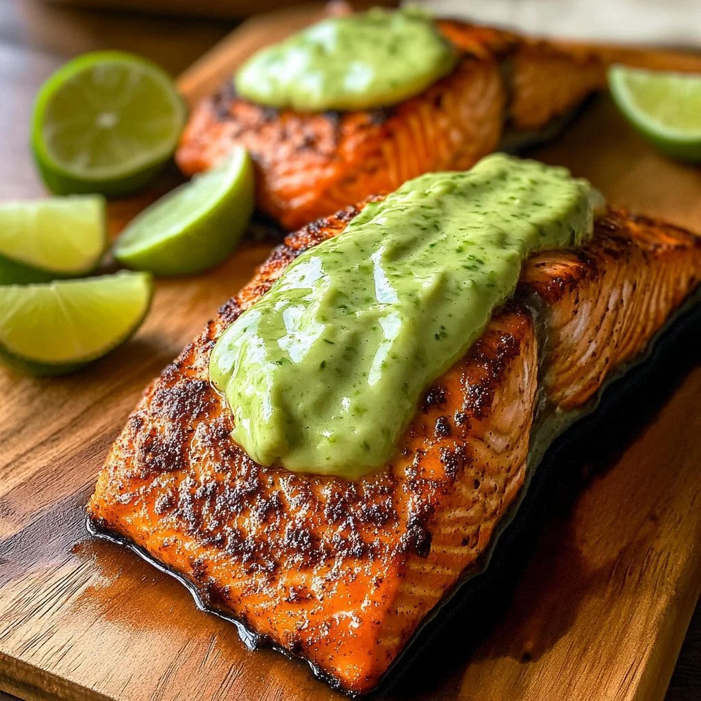 Quick baked Cajun salmon fillet with avocado lime sauce on a plate.