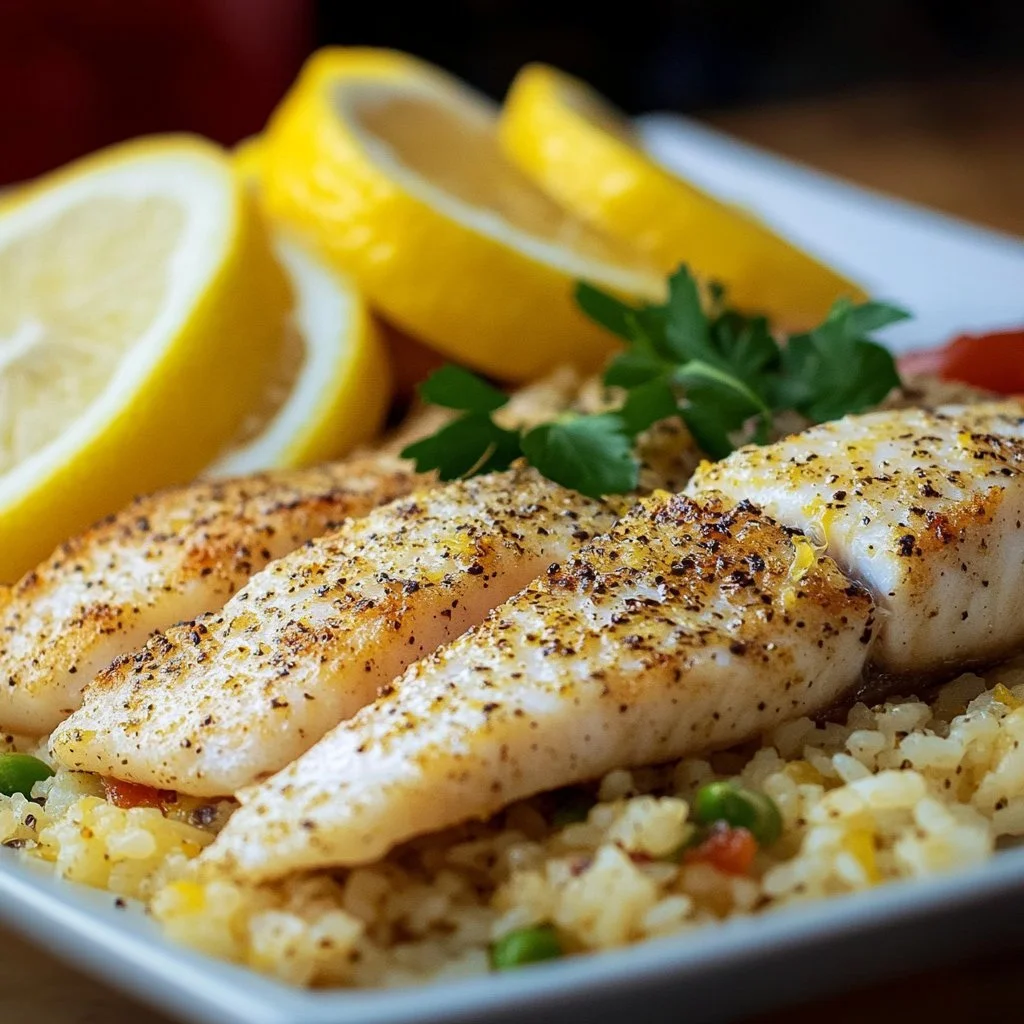 Delicious quick lemon pepper fish fillet served with lemon wedges and herbs.