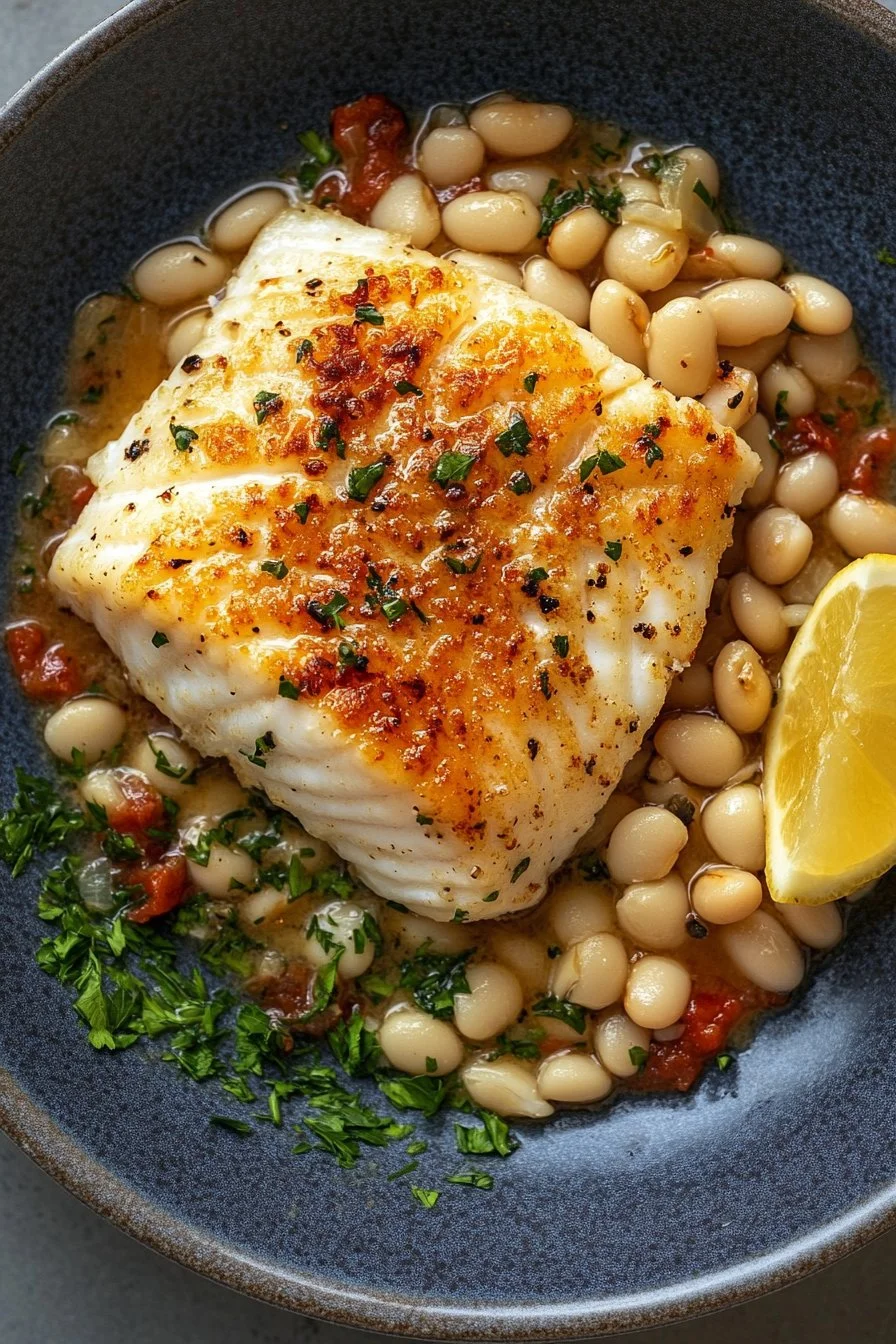 Pan Seared Halibut with White Beans