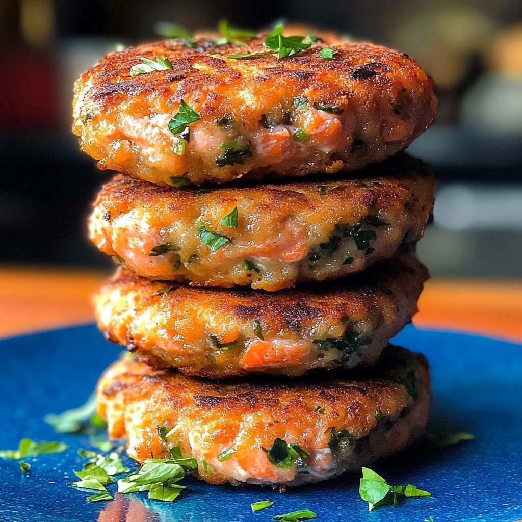 Close-up of crispy salmon patties served with homemade tartar sauce.