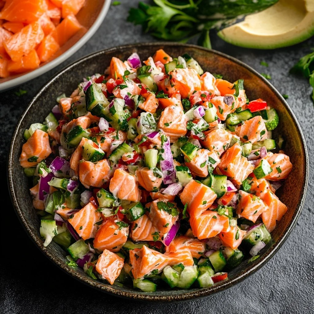 Healthy and delicious salmon salad with fresh vegetables and dressing