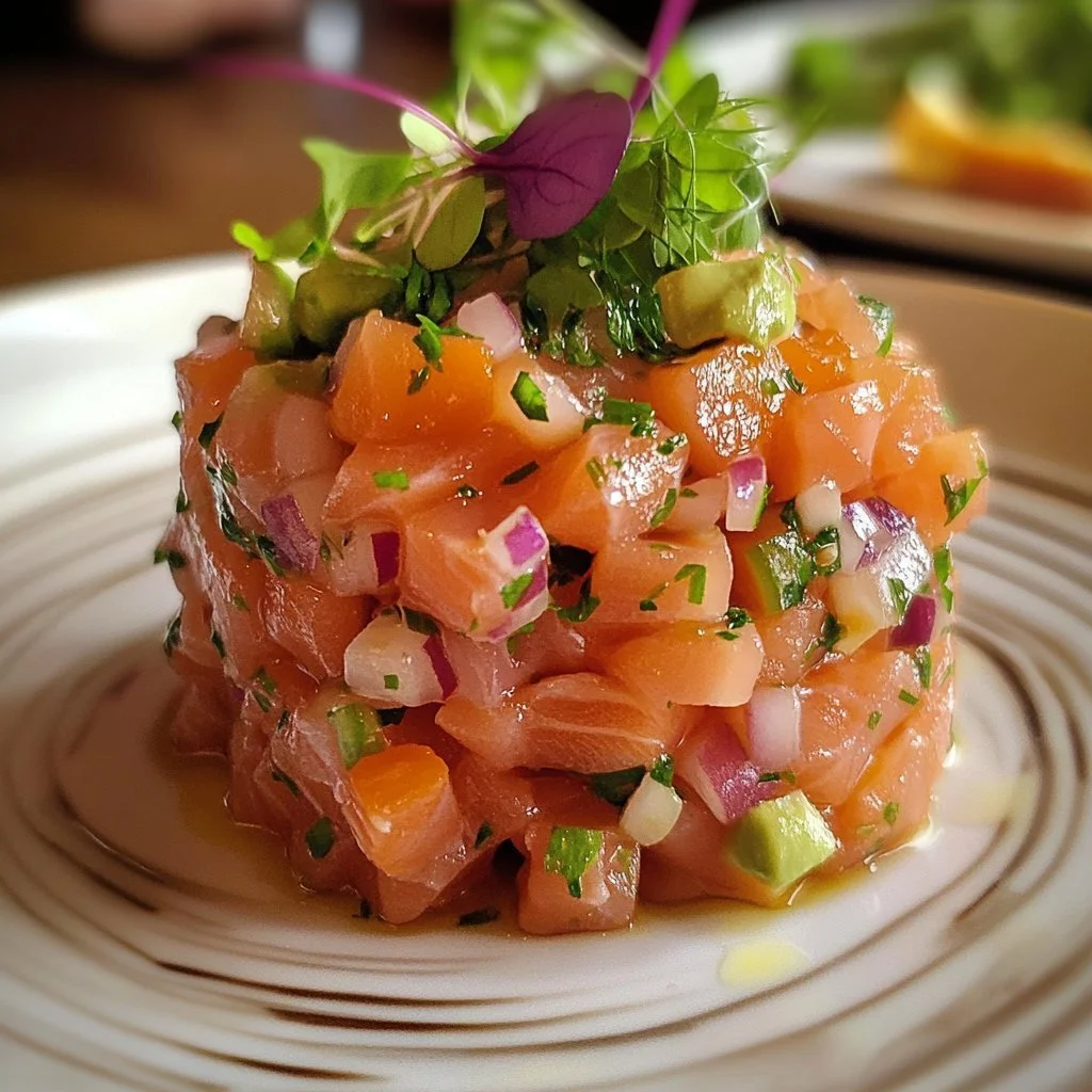 Delicious salmon tartare served with fresh herbs and condiments