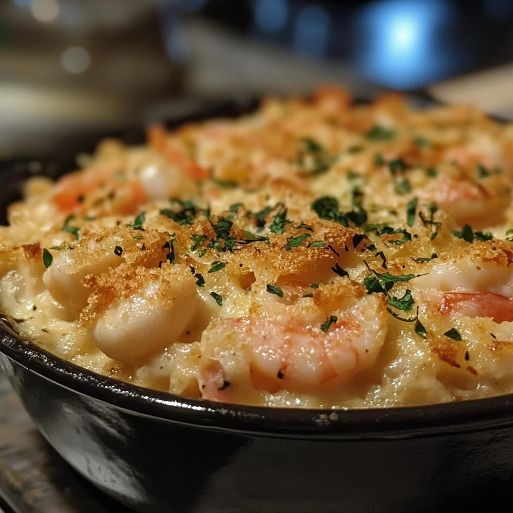 Delicious Seafood Gratin with shrimp, scallops, and cheese topping