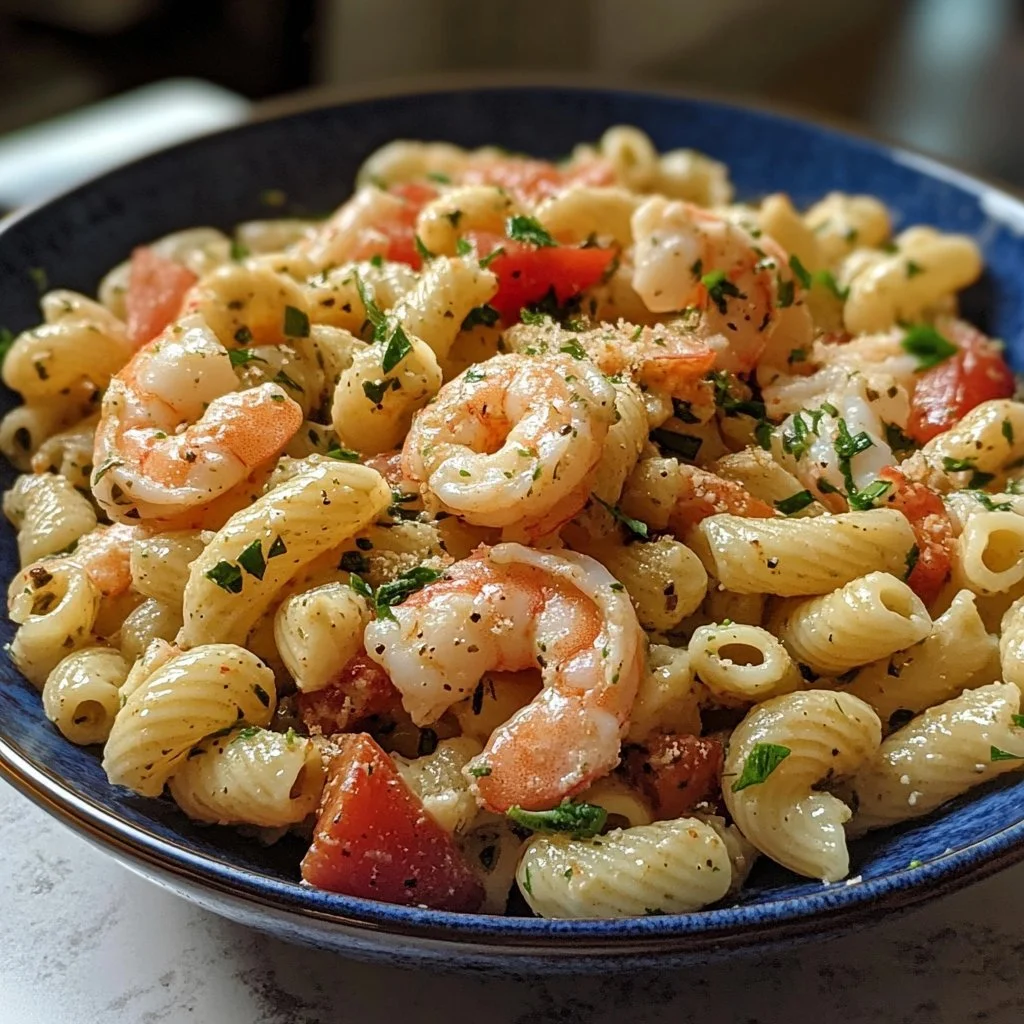 A vibrant seafood pasta salad featuring shrimp, scallops, and fresh vegetables.