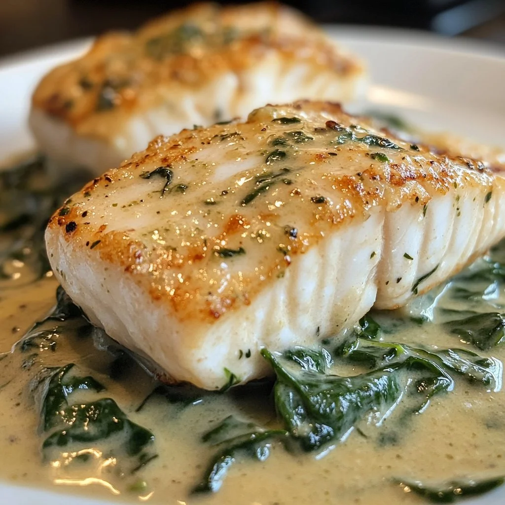 Seared white fish served with creamy spinach on a plate