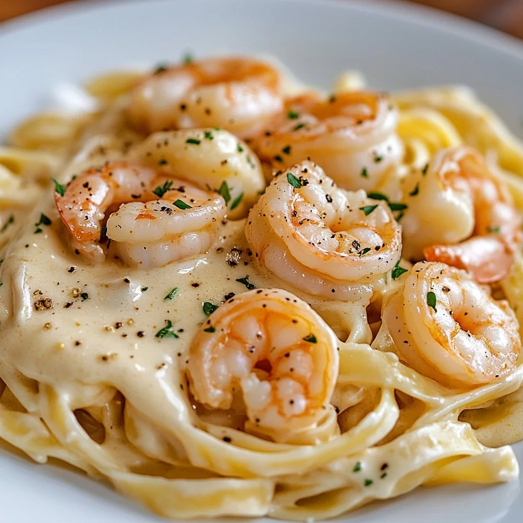 A delicious plate of Shrimp Alfredo pasta garnished with parsley and grated cheese.