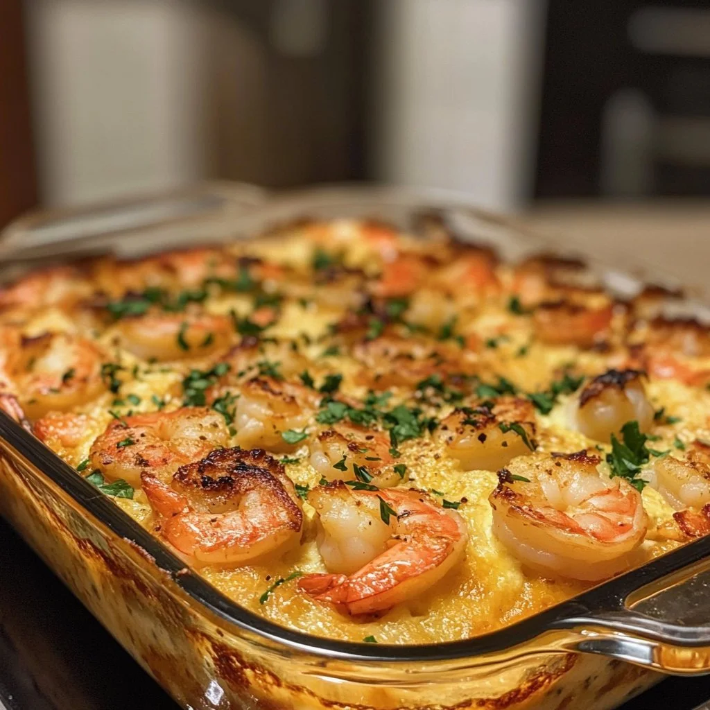 Delicious shrimp casserole in a baking dish with cheese and seasonings