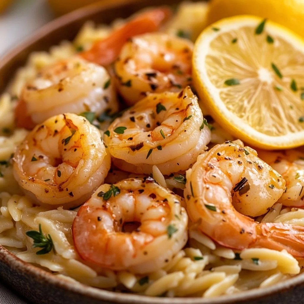 Shrimp Orzo in Lemon Garlic Sauce served on a plate