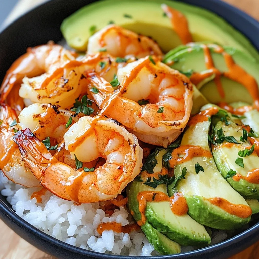 Delicious shrimp rice bowl topped with spicy mayo and fresh veggies