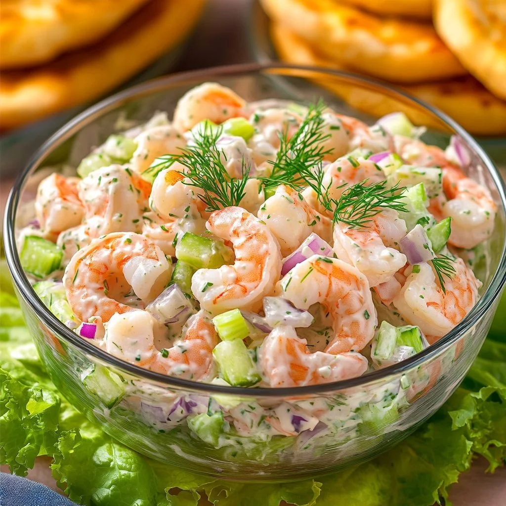 Delicious shrimp salad with fresh vegetables and dressing served in a bowl