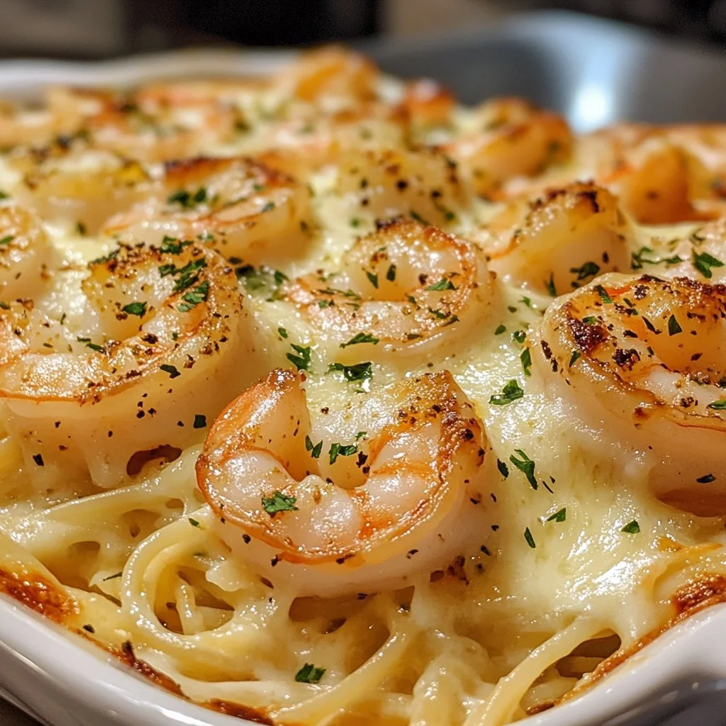 Delicious shrimp scampi bake with garlic, butter, and herbs