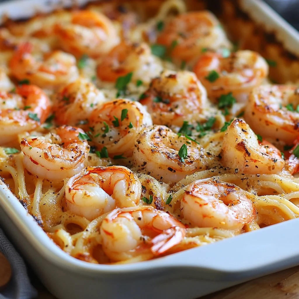 Shrimp scampi pasta bake dish topped with herbs and cheese, served in a baking dish.