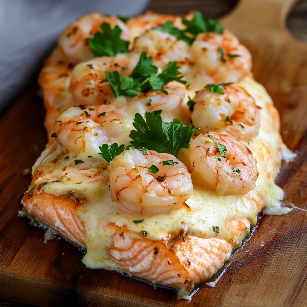 Delicious shrimp stuffed salmon cooked to perfection on a plate.