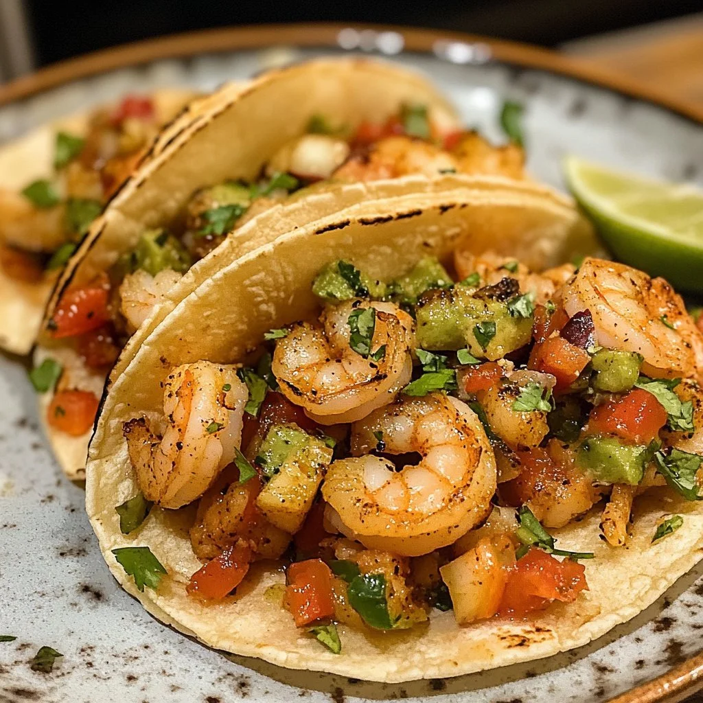 Delicious shrimp tacos topped with fresh ingredients and served with lime wedges