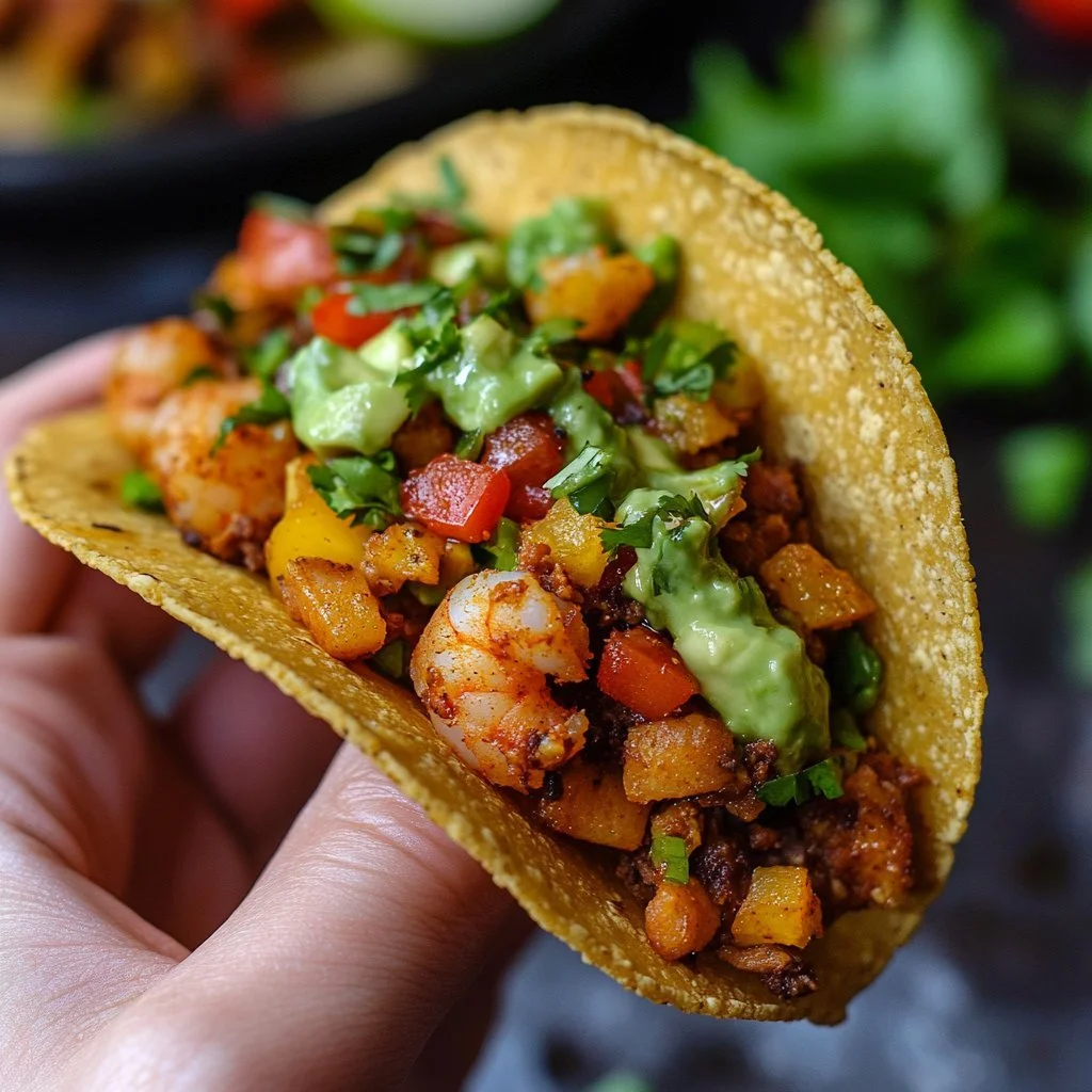 Plate of shrimp tacos served with avocado lime dipping sauce