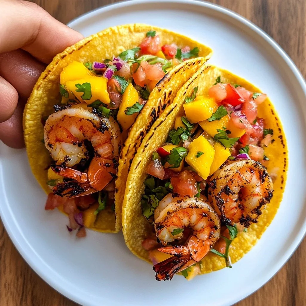 Shrimp tacos with cilantro lime slaw and peach salsa served on a plate