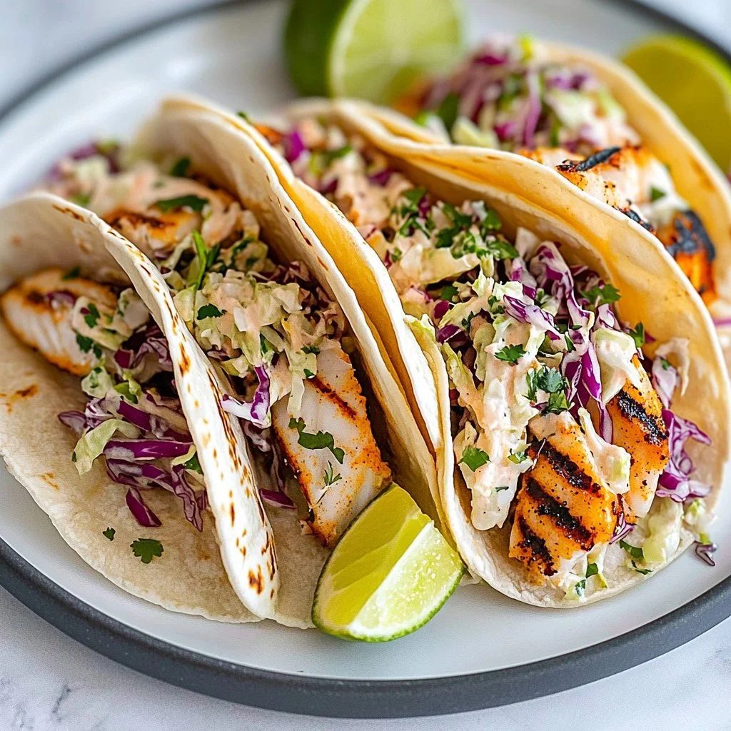 Simple grilled fish tacos with cabbage slaw on a plate