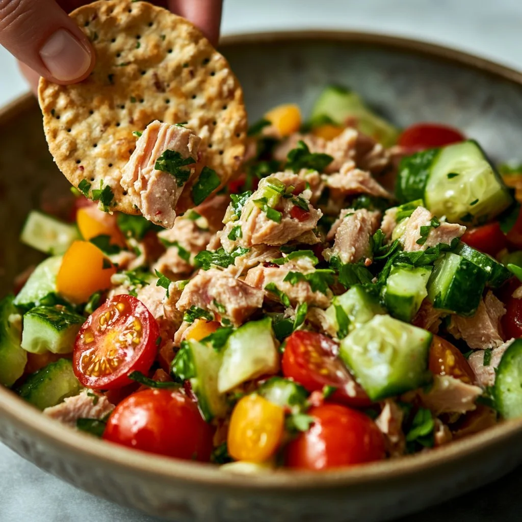 Bowl of simple Mediterranean tuna salad with fresh vegetables and olive oil dressing