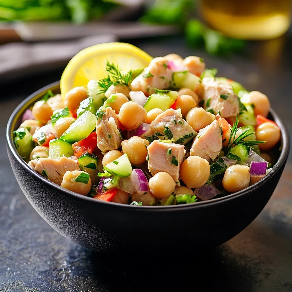 Delicious and healthy simple tuna chickpea salad in a bowl
