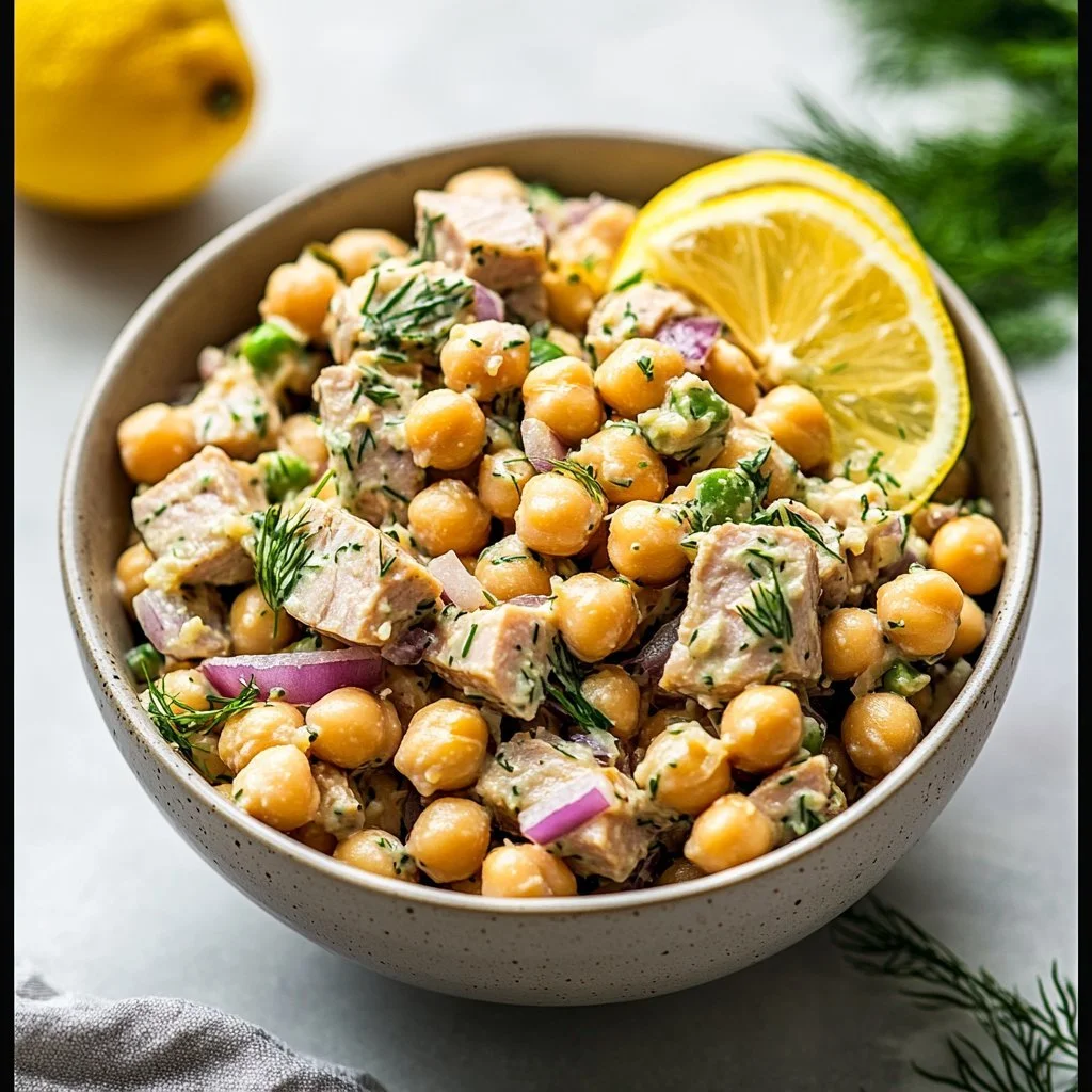 A colorful bowl of simple tuna chickpea salad with vegetables and dressing