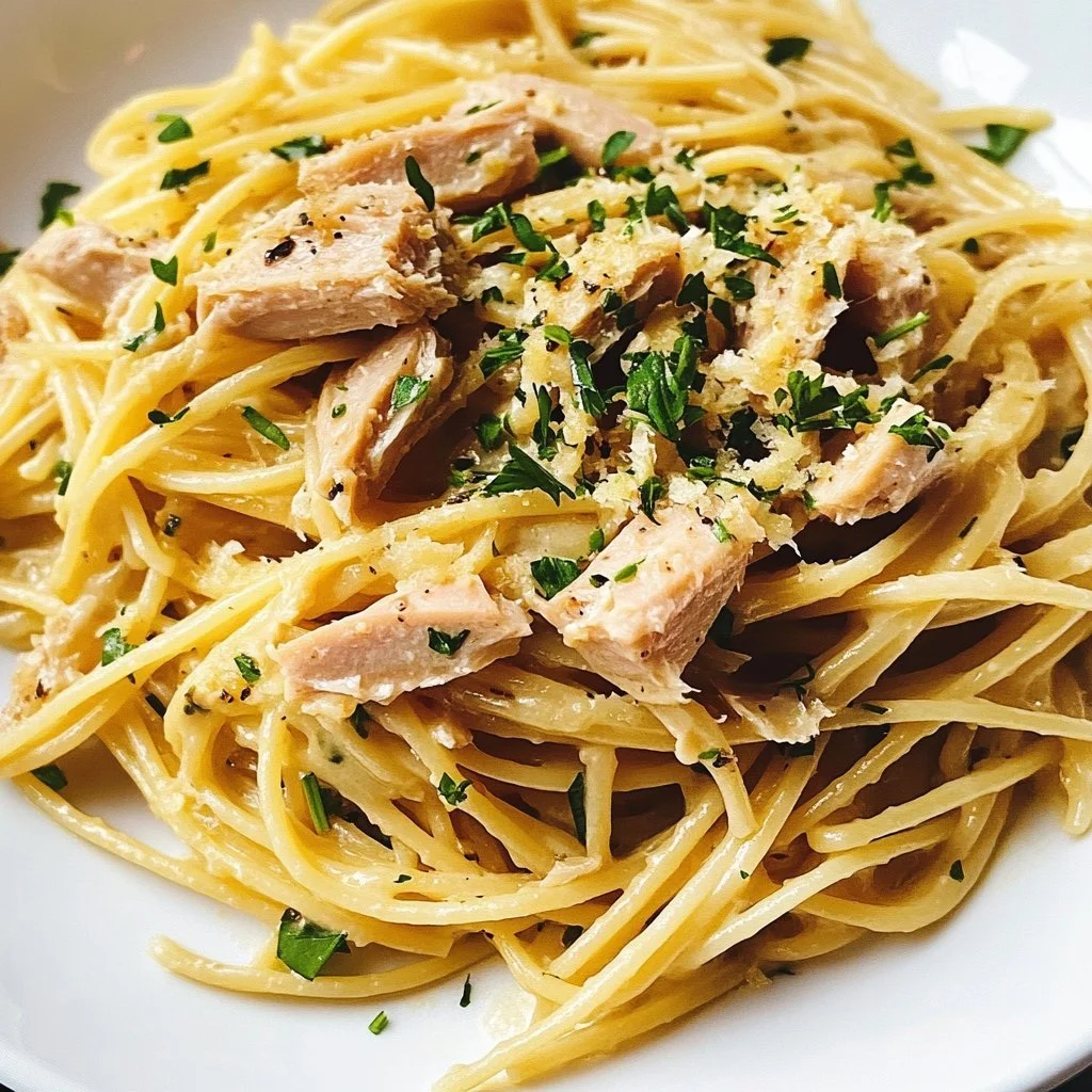 Plate of simple tuna spaghetti with herbs and cheese on a wooden table