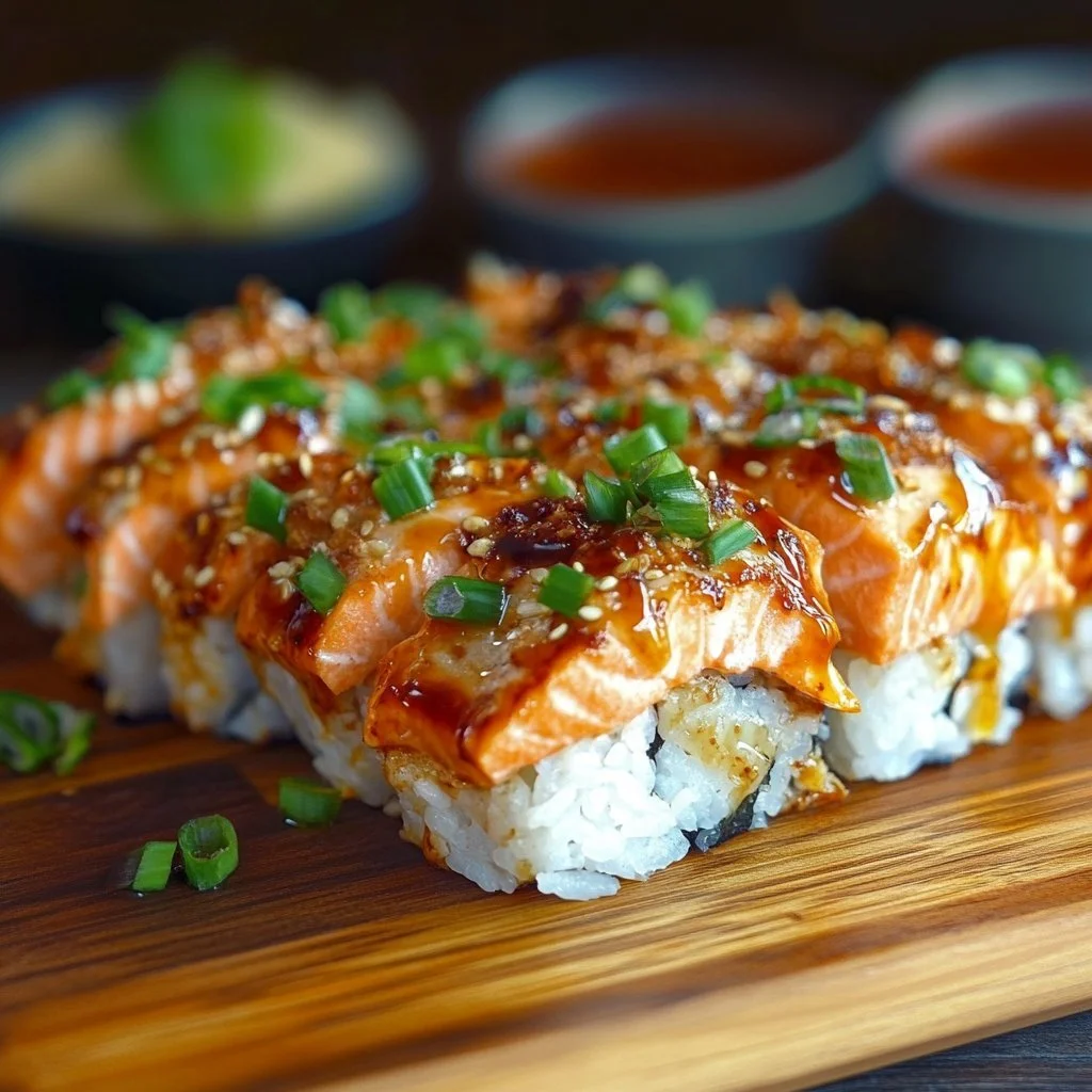 Delicious spicy salmon sushi bake topped with green onions and sesame seeds