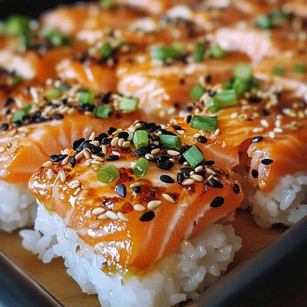 Baked spicy salmon sushi with a crispy topping and fresh ingredients