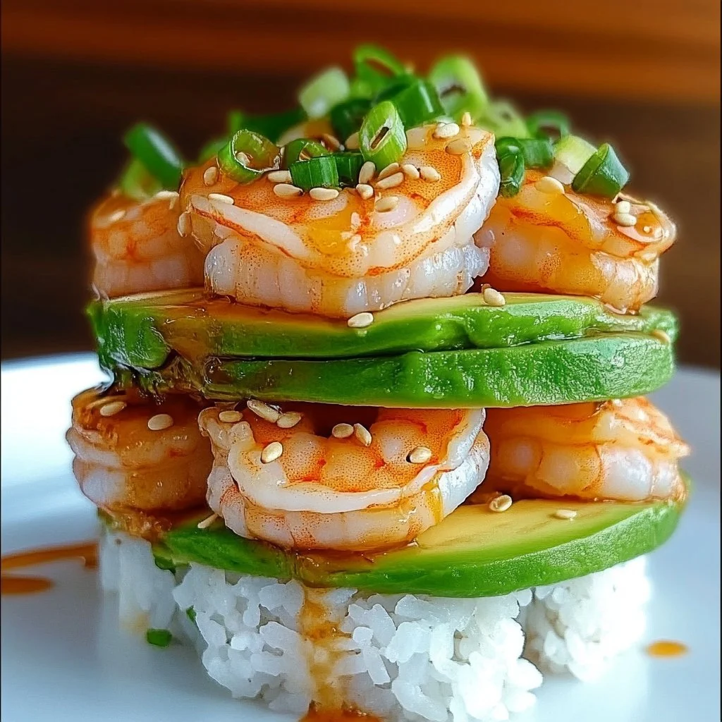 Delicious spicy shrimp sushi stacks served on a plate