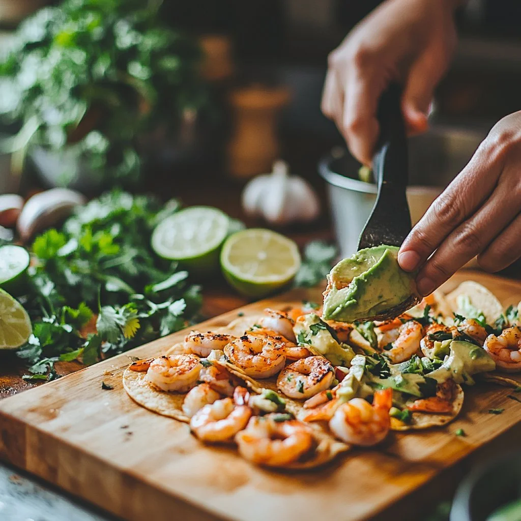Plate of spicy shrimp tacos topped with fresh ingredients