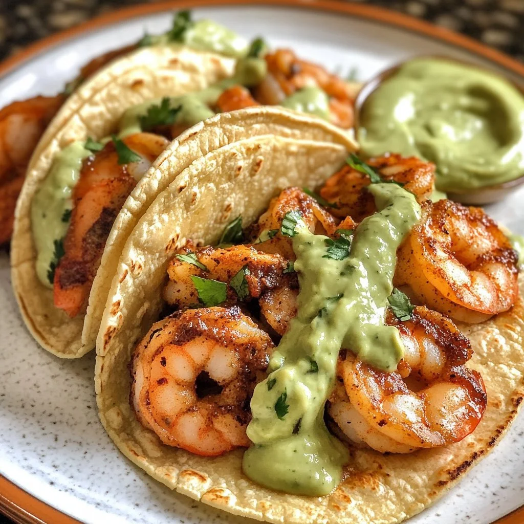 Spicy shrimp tacos served with avocado cream on a plate