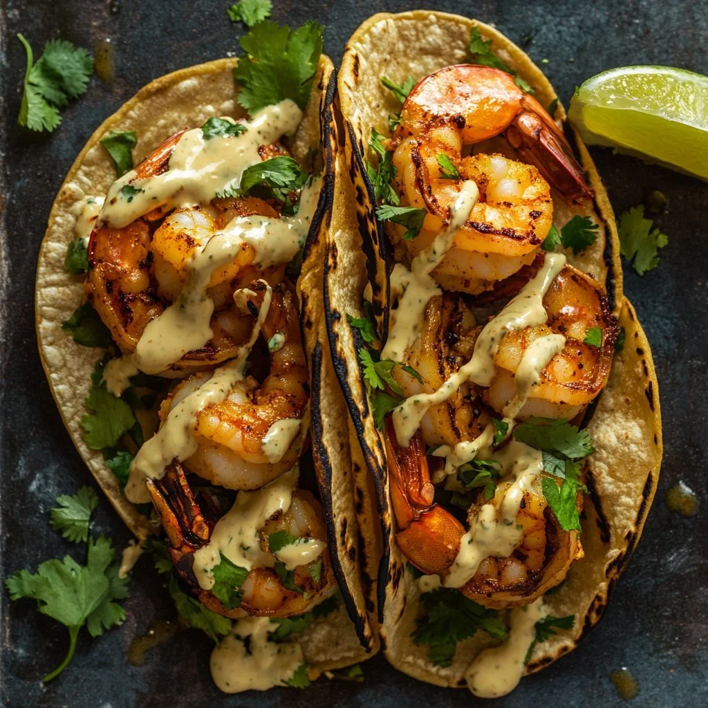 Spicy shrimp tacos topped with creamy sauce and garnished with fresh herbs