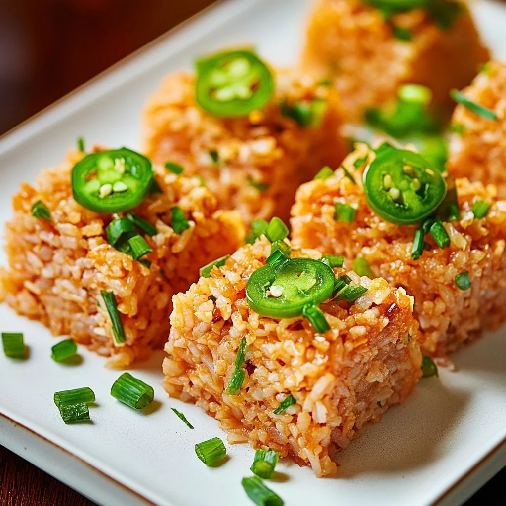 Spicy tuna crispy rice served on a plate with garnishes