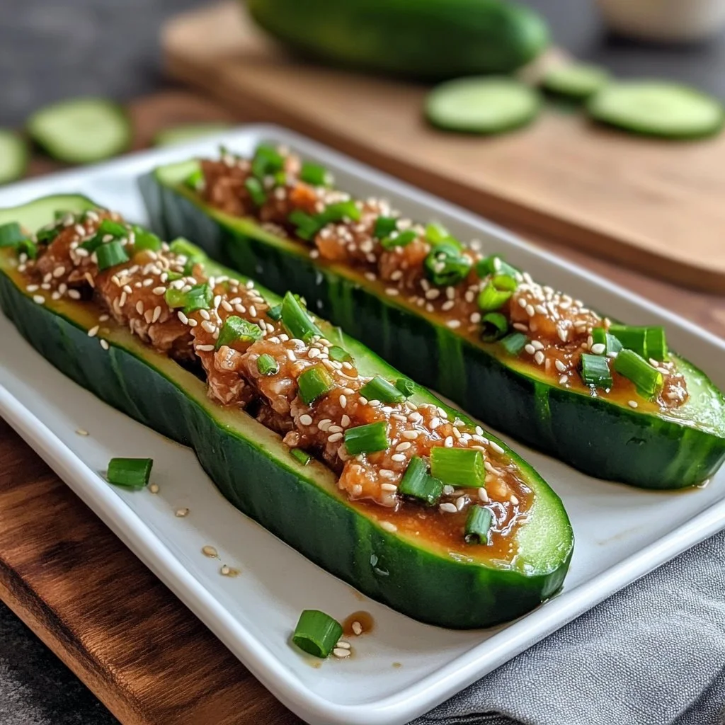 Spicy tuna cucumber boats topped with vibrant green onions and sesame seeds