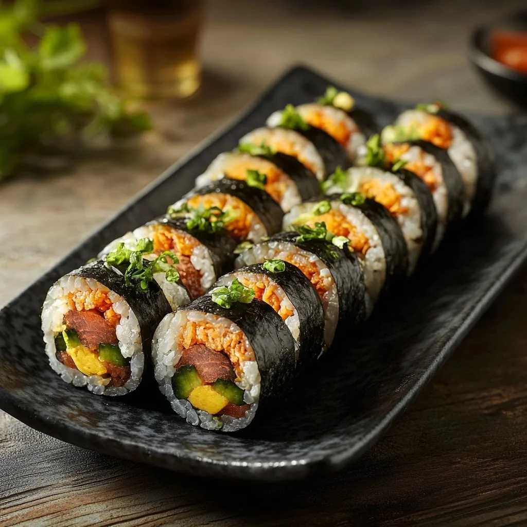 Delicious spicy tuna rice rolls featuring fresh tuna and vibrant sushi rice