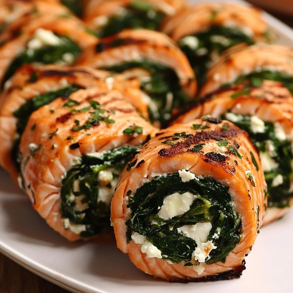 Spinach and feta stuffed salmon pinwheels served on a plate