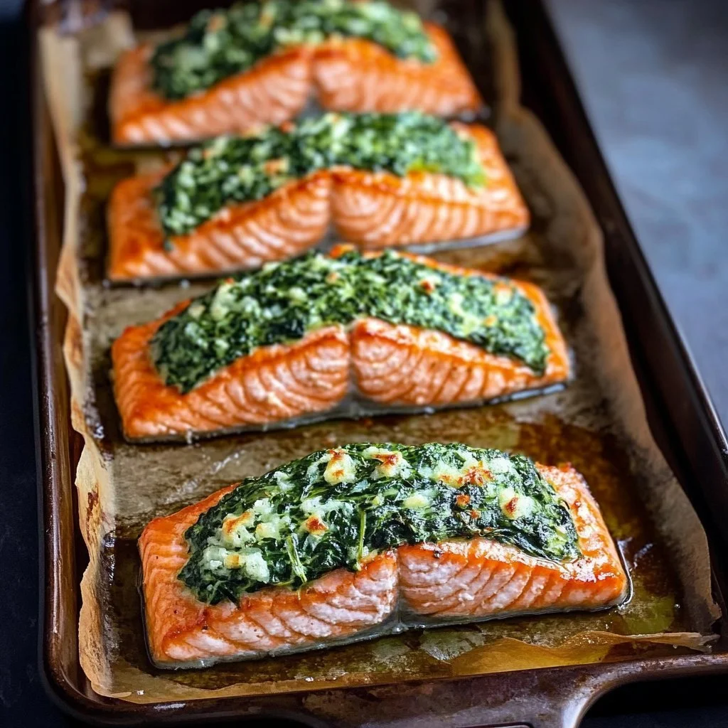 Oven-baked spinach stuffed salmon fillet garnished with herbs