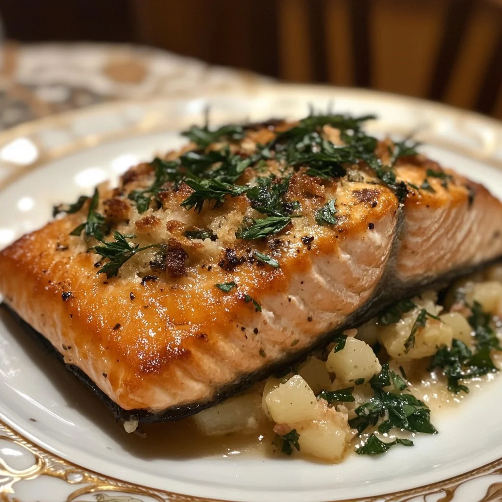 Plate of delicious stuffed salmon garnished with herbs and lemon
