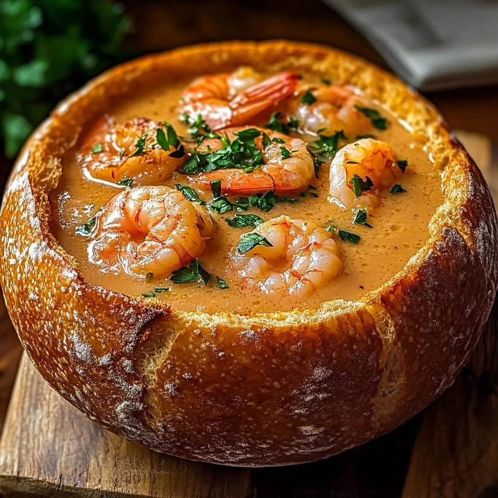 Delicious stuffed seafood bread bowl filled with shrimp, crab, and spices