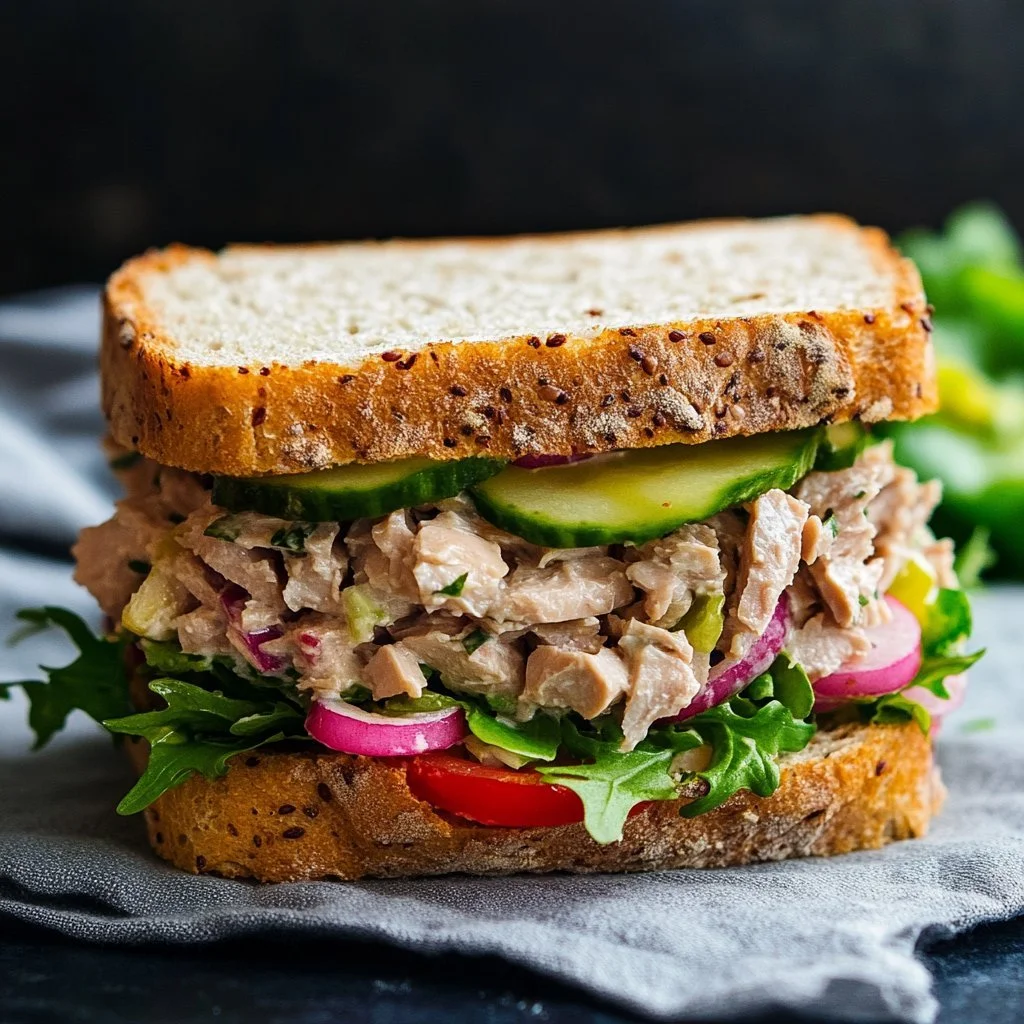 Tasty tuna sandwich with fresh ingredients and mayo on whole grain bread.
