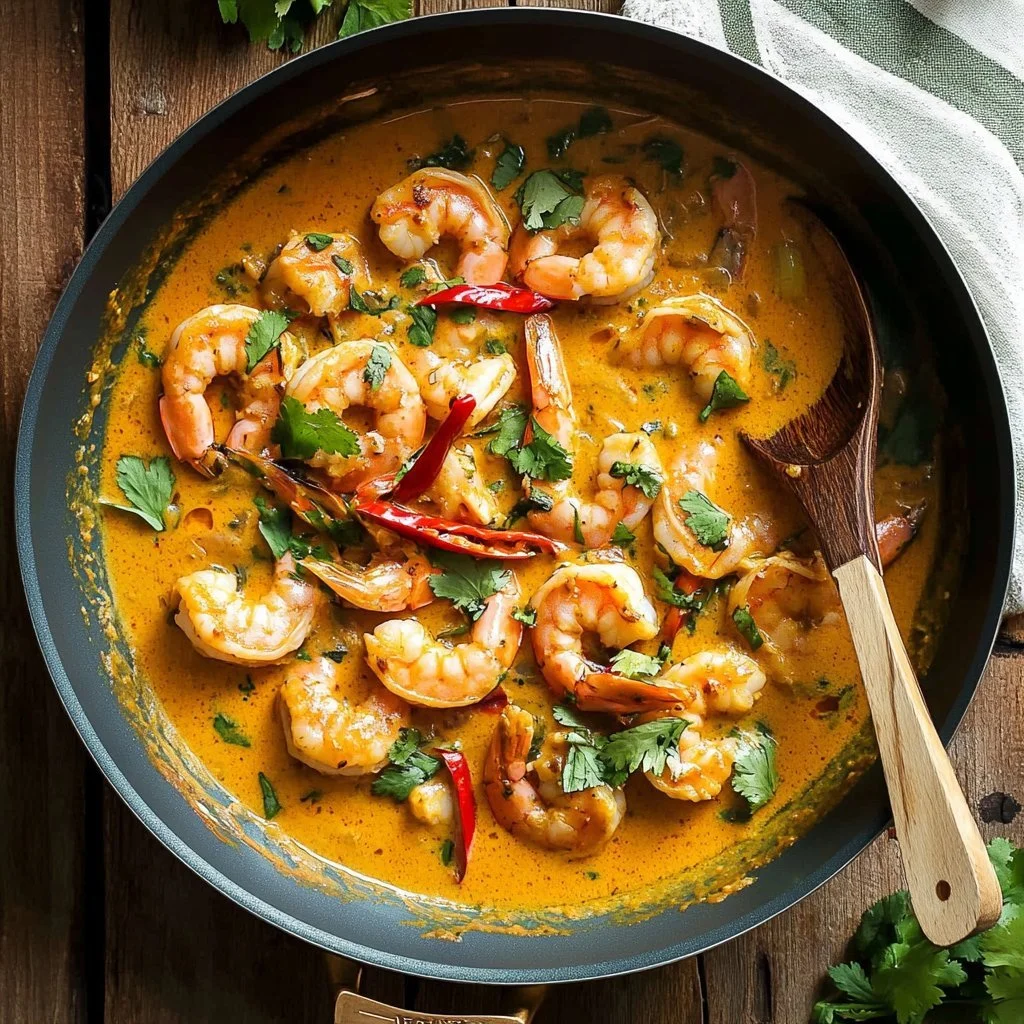 Plate of Thai coconut shrimp curry with vibrant colors and rich ingredients