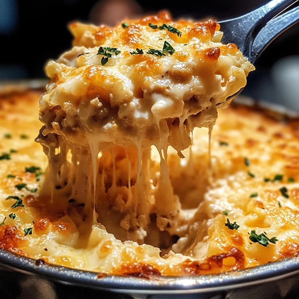 Delicious Tuna Noodle Casserole served in a baking dish with melted cheese on top.